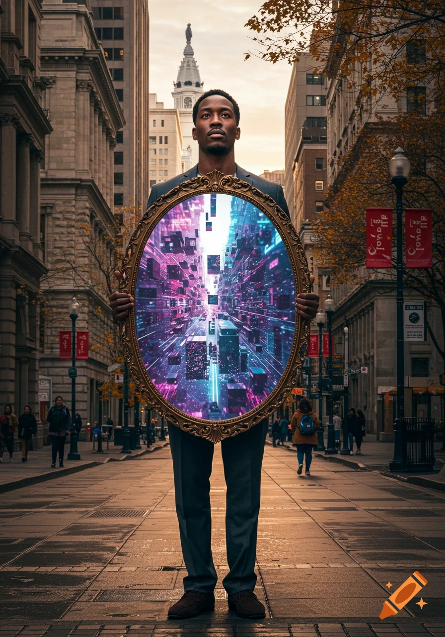 A man in a suit stands on a city street holding a large oval mirror that reflects a glowing digital cityscape.