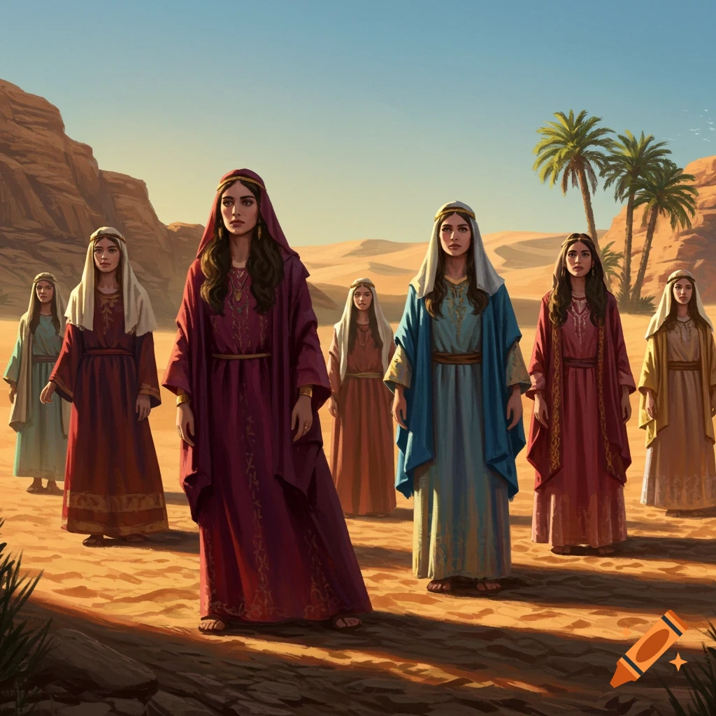A group of women in ancient robes and head coverings stand in a desert landscape with sand dunes and palm trees.