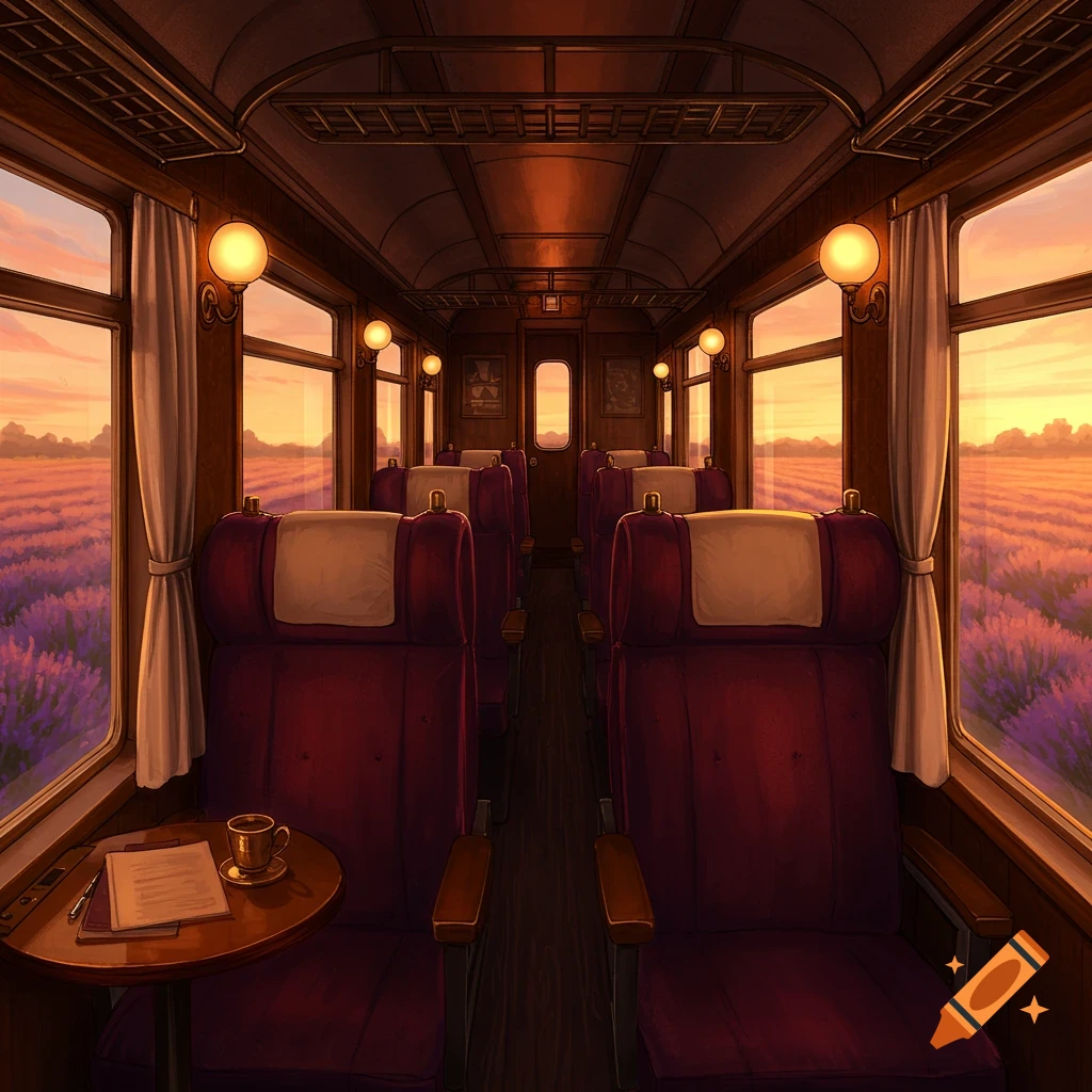 Illustrated interior of a vintage train car with red seats, passing through a lavender field at sunset.