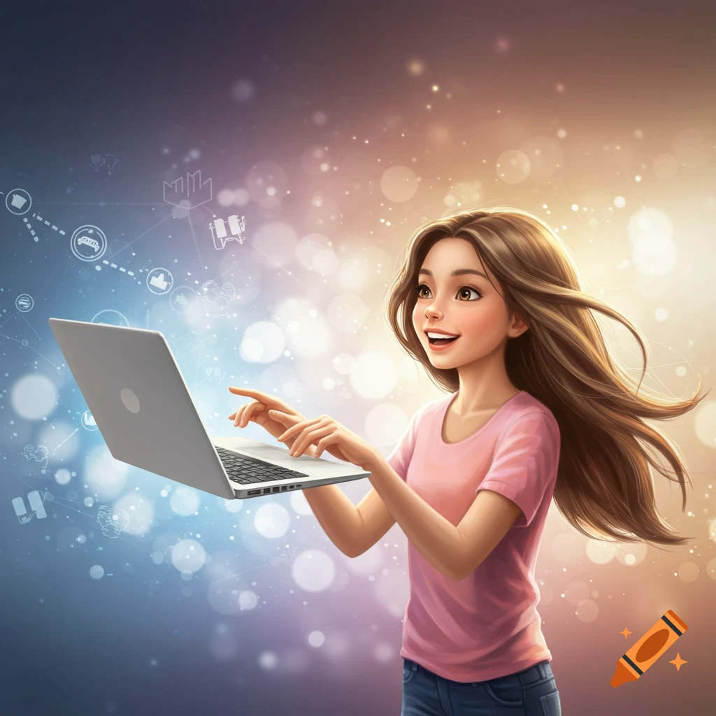 A smiling cartoon girl interacts with a floating laptop in a bright, digital-themed space, with long brown hair flowing.