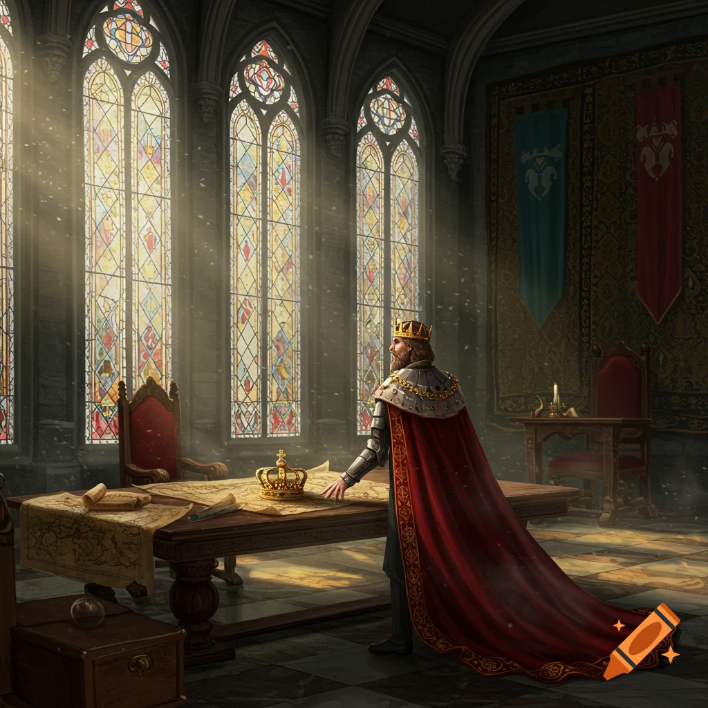 A king in a red robe and armor stands over a map-covered table with a crown, bathed in light from stained glass windows in a grand hall.