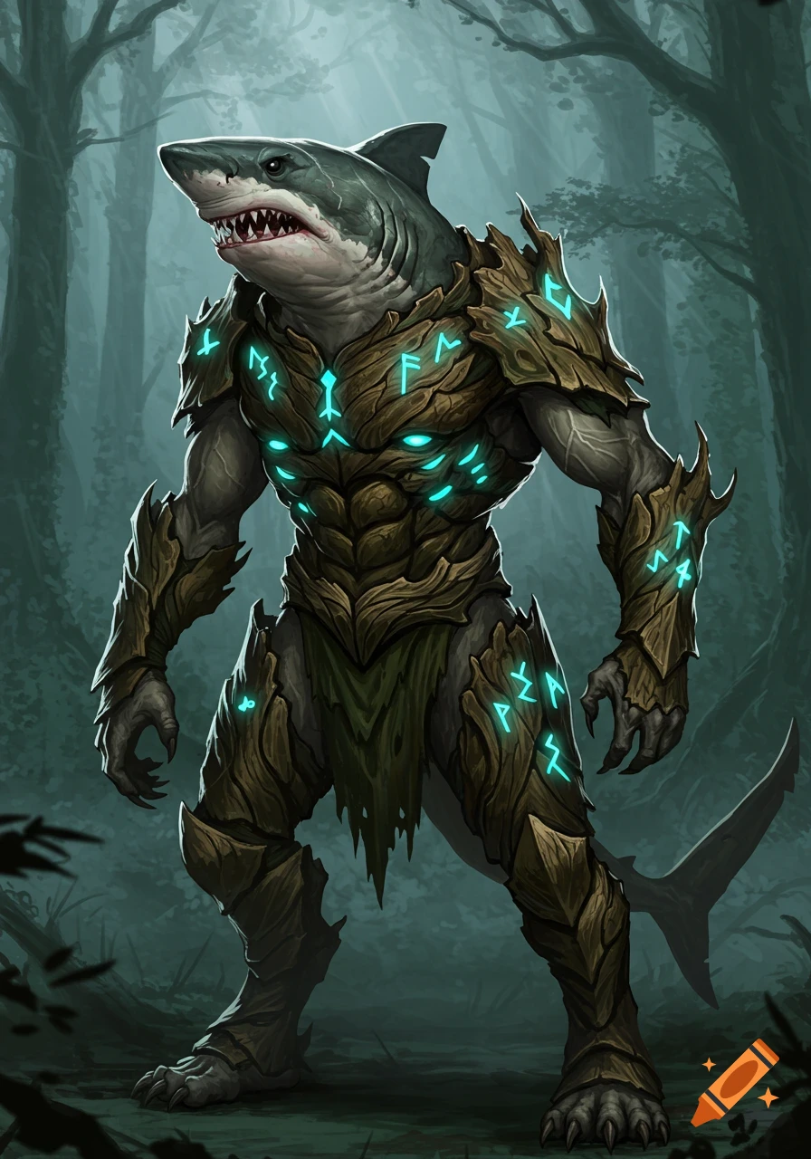 A humanoid shark creature wearing glowing, ornate bark armor stands in a misty forest in a realistic comic art style.