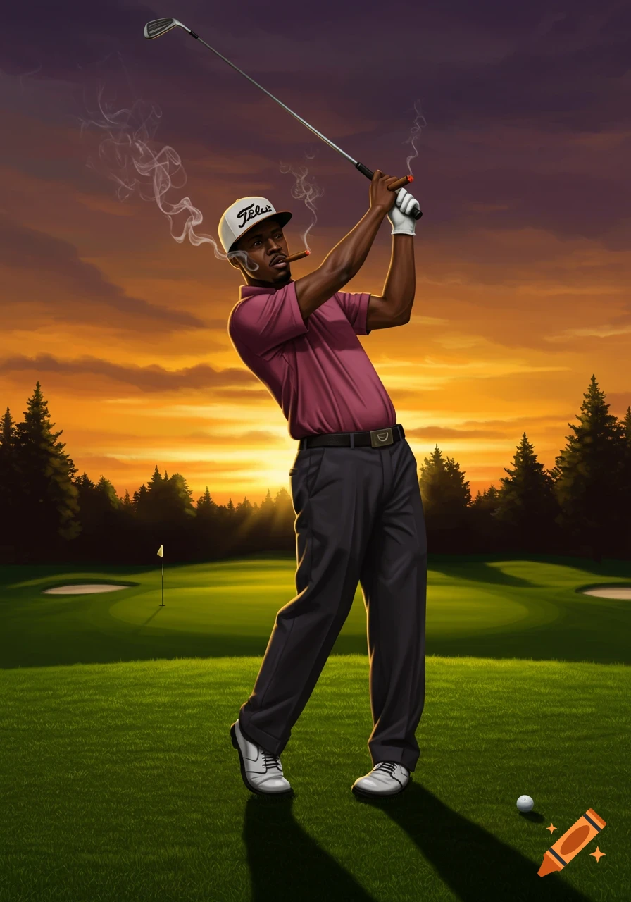 An illustration of a Black man in a golf polo and a backwards hat, smoking a cigar, mid-swing on a golf course at sunset.