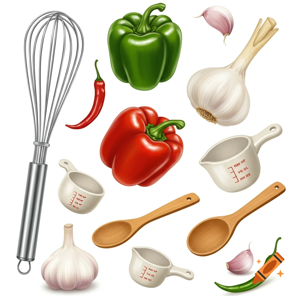 A variety of cooking items and ingredients including a whisk, green and red bell peppers, red and green chili peppers, garlic cloves, whole garlic bulbs, wooden spoons, and measuring cups on a white background.