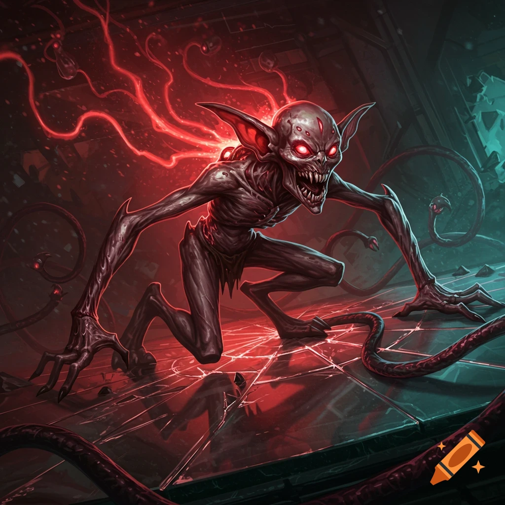 A twisted, hunched alien goblin with glowing red eyes and sharp teeth skitters on cracked glass, trailed by red energy and tendrils in a dark sci-fi setting.