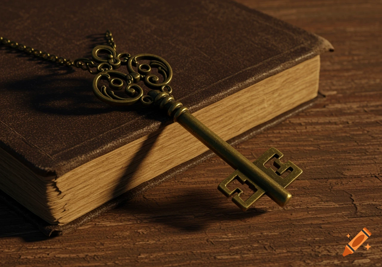 An ornate antique brass key rests on a closed, brown leather-bound book on a wooden surface.