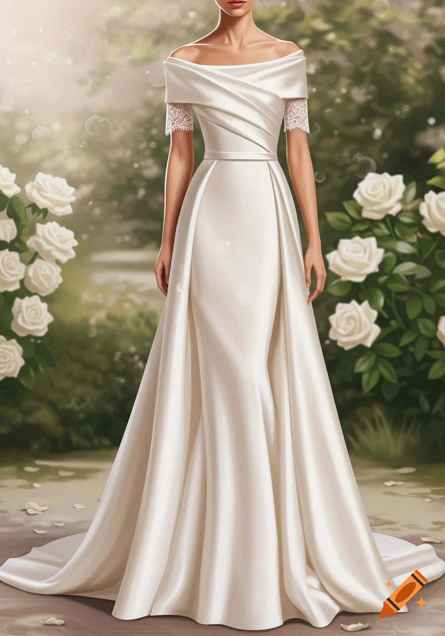 A woman in an elegant off-the-shoulder white wedding dress with a long train stands in a rose garden.
