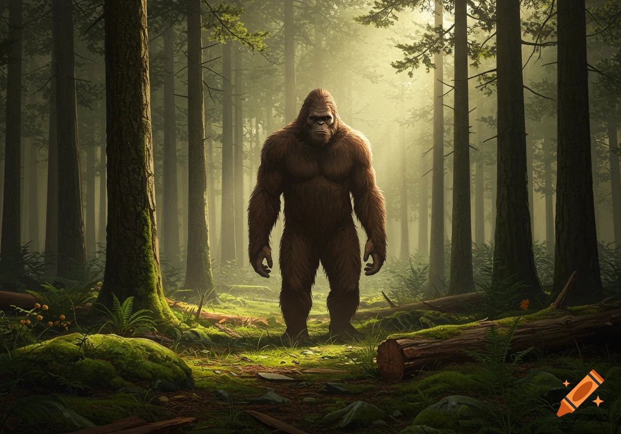 Photorealistic image of a large, hairy Bigfoot standing in a sunlit, mossy forest.
