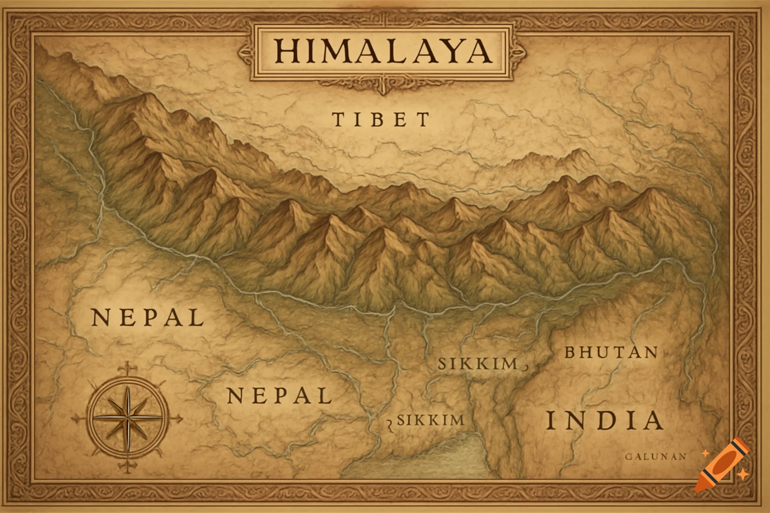 A vintage-style map depicting the Himalayan mountain range and surrounding countries like Tibet, Nepal, Sikkim, Bhutan, and India.
