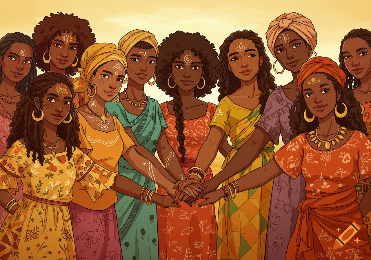 A vibrant illustration of diverse women in traditional attire, standing together with hands joined.