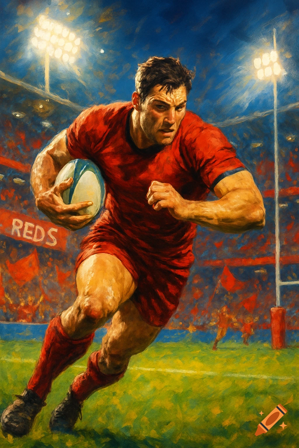 A male rugby player in a red uniform runs with a ball on a stadium field, depicted in a dynamic painted style. 'REDS' text is visible on a banner.