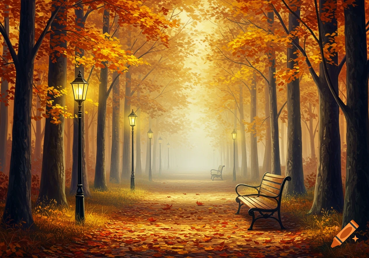 A tranquil autumn park scene with a path covered in orange leaves, tall trees, glowing lampposts, and wooden benches.