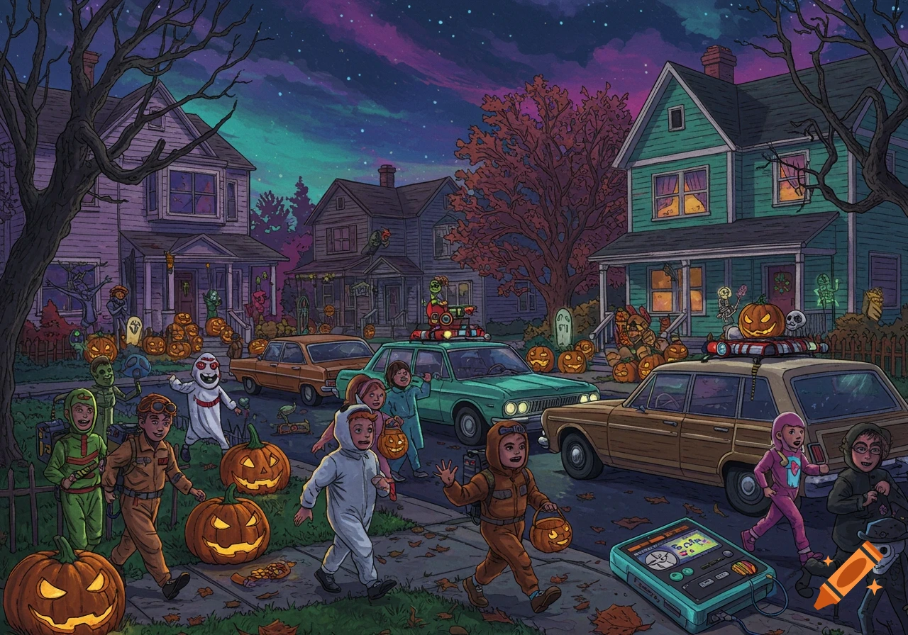 Children in various costumes trick-or-treating on a suburban street at dusk with decorated houses and 80s cars.
