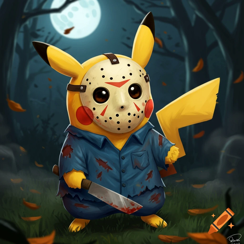 A cartoon Pikachu dressed as Jason Voorhees, wearing a hockey mask and bloody blue shirt, holds a bloody machete in a dark, moonlit forest.