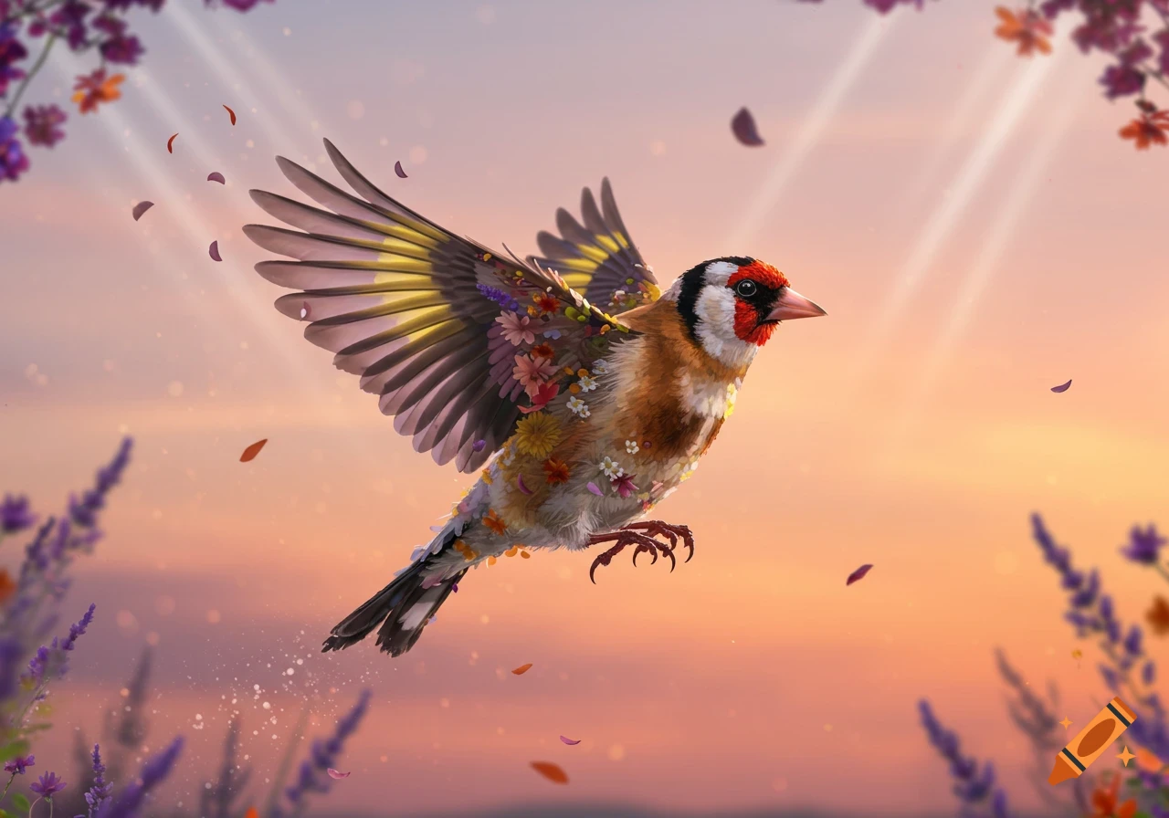 A goldfinch, its body covered in colorful flowers, flies through a soft sunset sky with scattered petals.