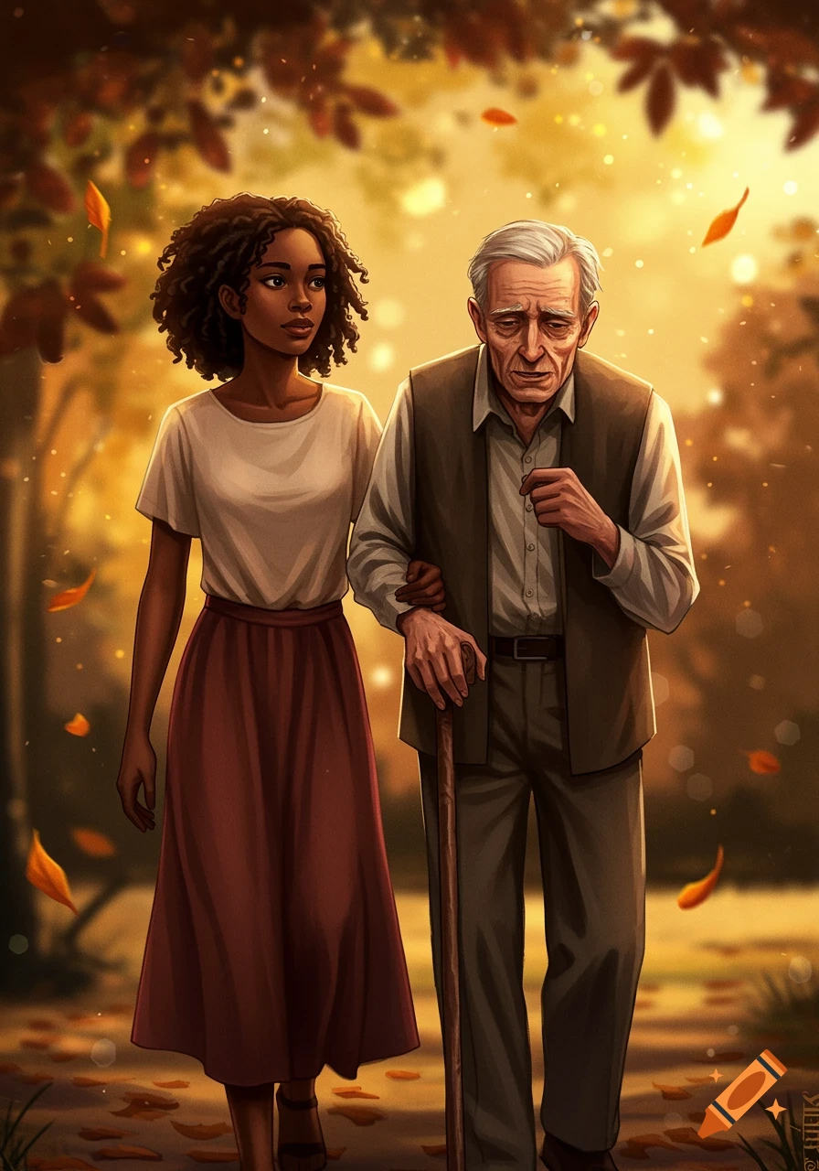 An illustrated scene of a young Black woman assisting an elderly white man with a cane as they walk on an autumn path.