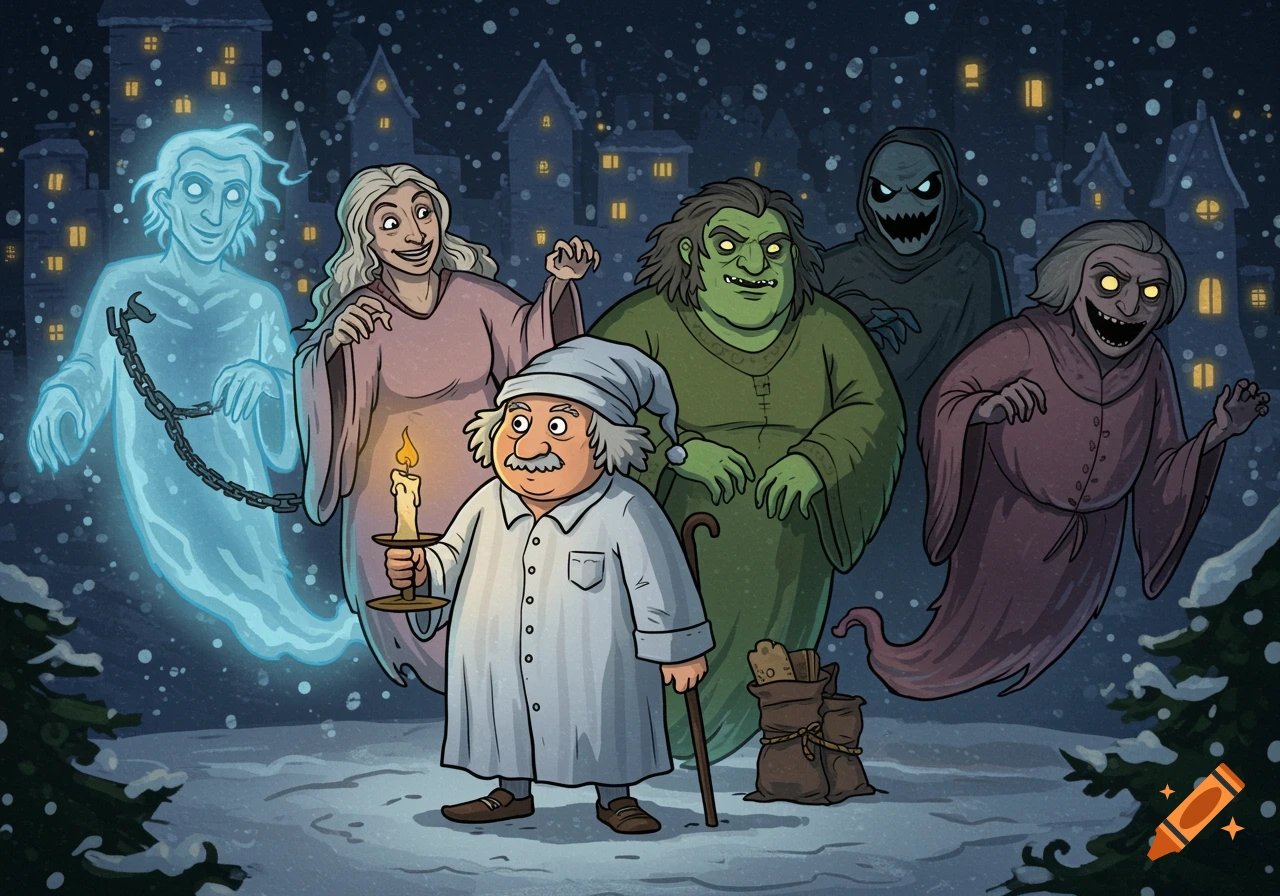 Doodle graphic of Ebenezer Scrooge in night clothes holding a candle, surrounded by four spooky ghosts and a shadowy figure in a snowy, dark city street.