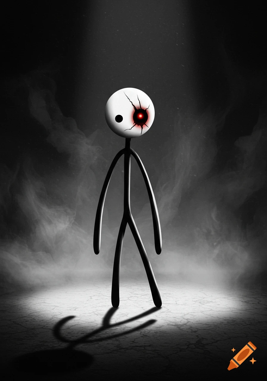 A black stick figure with a white, cracked head and a glowing red eye stands in a dark, misty room under a spotlight.