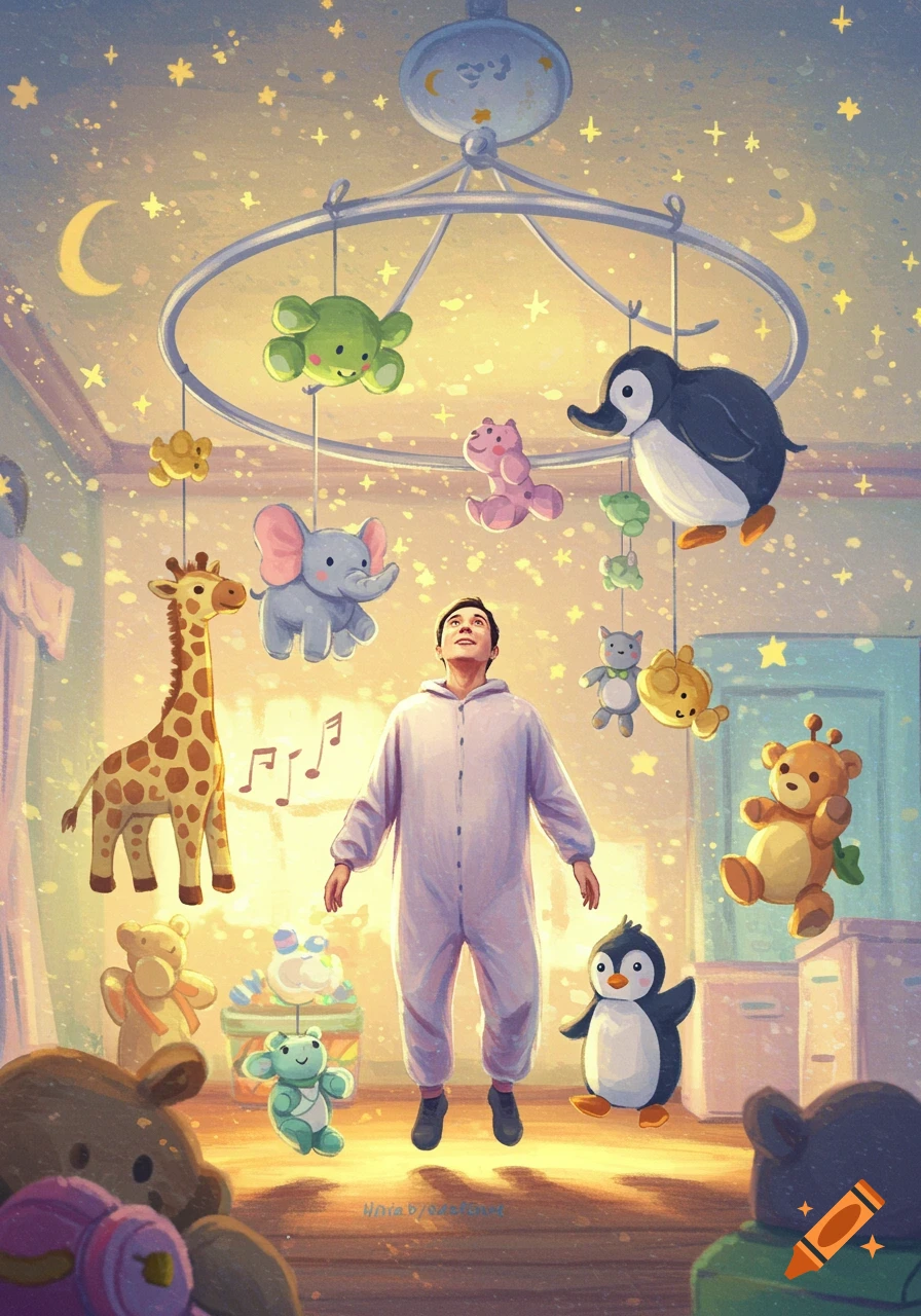 A whimsical illustration of a man in a lavender onesie floating under a starry baby mobile, surrounded by cheerful stuffed animals.