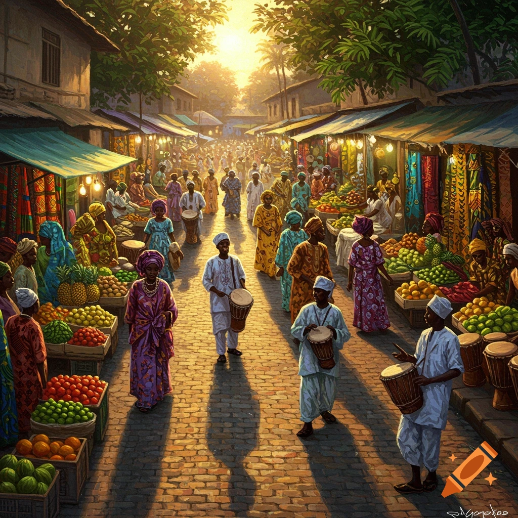 Vibrant street market at dusk with numerous people, colorful fruit and fabric stalls, and drummers, in an impressionist painting style.