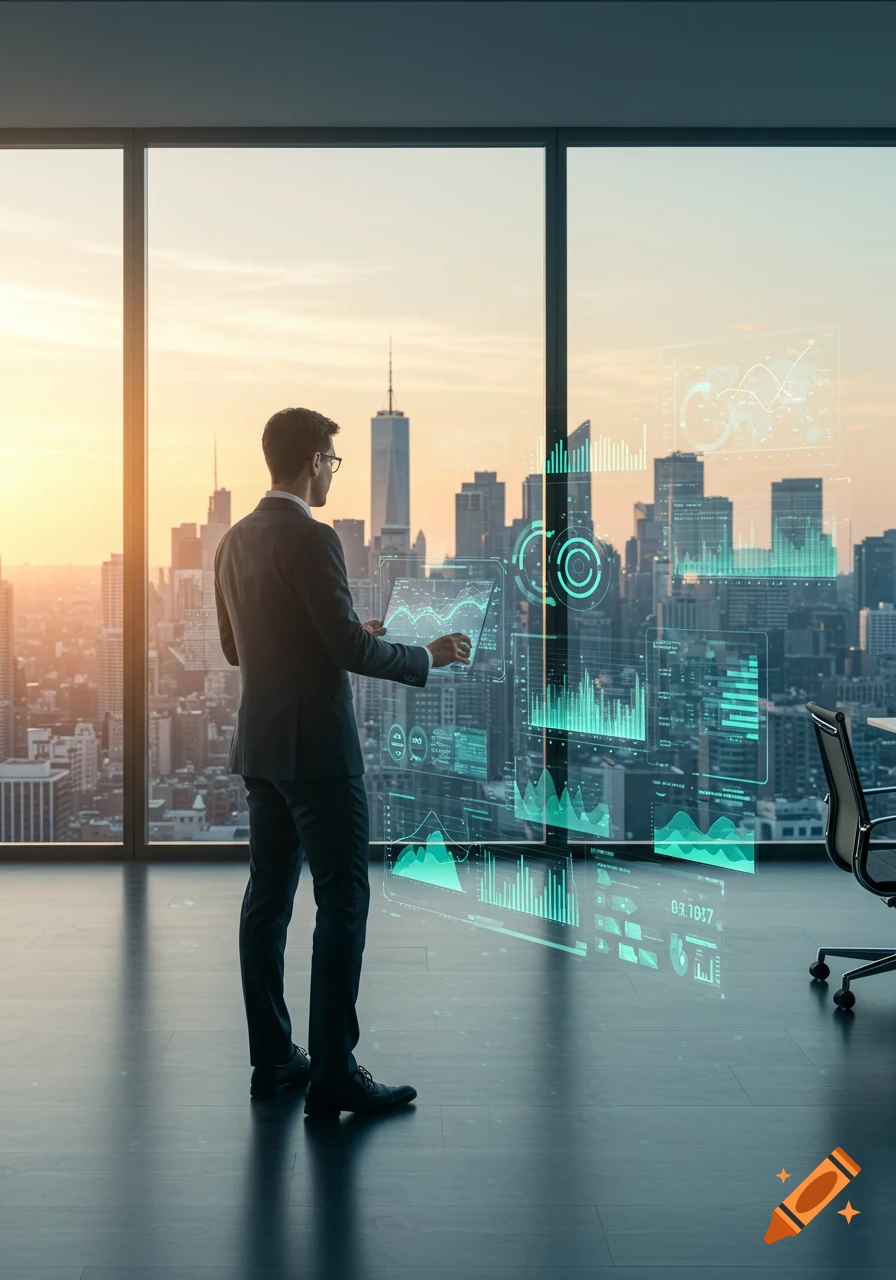 A man in a suit looks at holographic data displaying charts and numbers in a high-rise office with a city skyline at sunset.