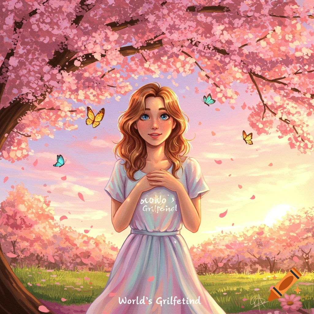 A stylized digital painting of a woman with red hair and blue eyes standing under cherry blossom trees with butterflies, at sunset.