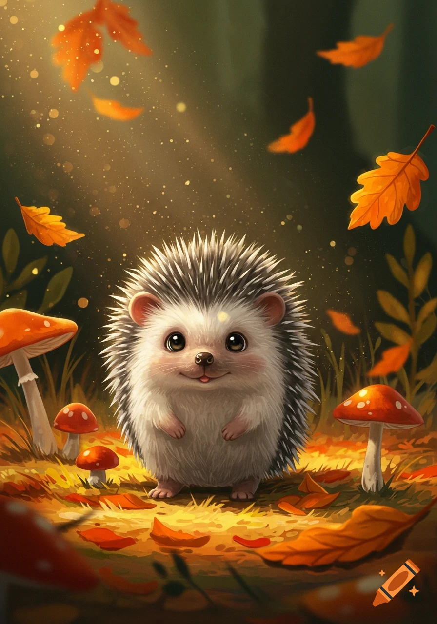 A cute animated hedgehog stands in an autumn forest with falling leaves and mushrooms, bathed in golden light.