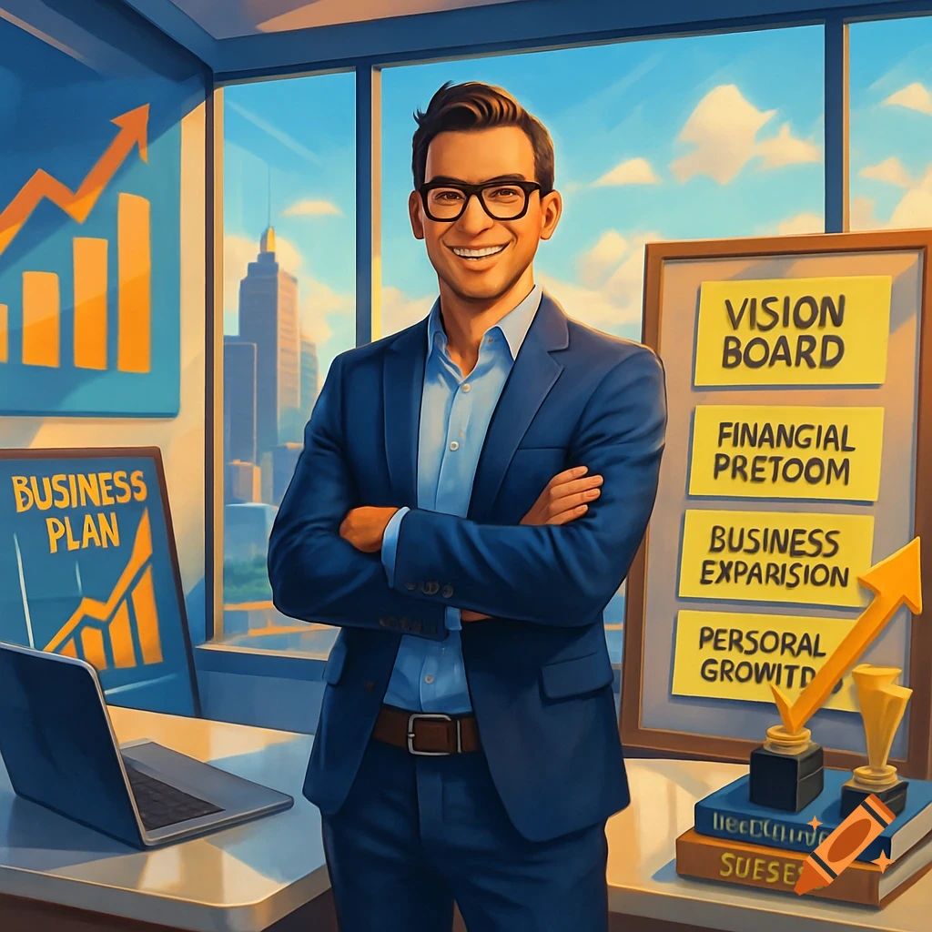 A confident entrepreneur in a blue suit smiles in a bright office with a city view. A vision board, business plan, laptop, and awards are visible.