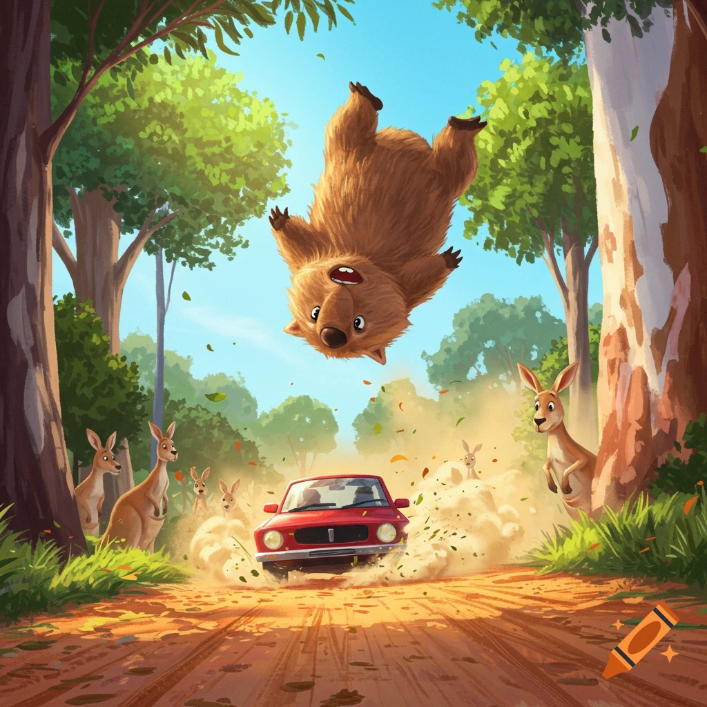 A cartoon wombat does a backflip over a red car speeding through a dusty road in the Australian bush, with kangaroos watching.