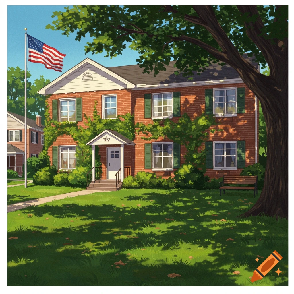 Illustrated brick house with green shutters, ivy, a front yard with dappled sunlight, and an American flag on a tall pole.