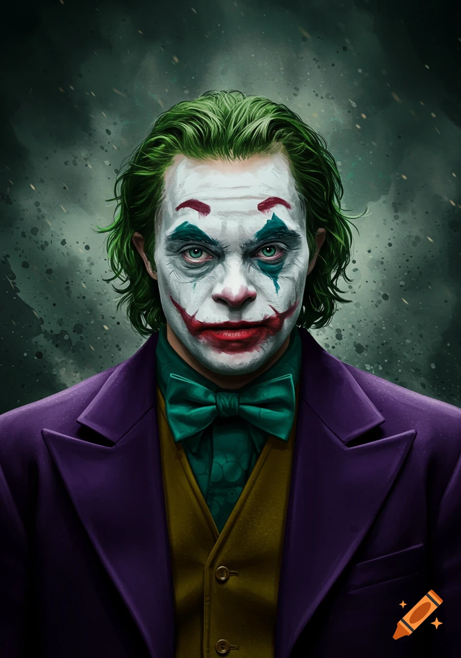 A detailed portrait of the Joker from the 2019 film, with green hair, white face paint, red smile, purple suit, and green bow tie.