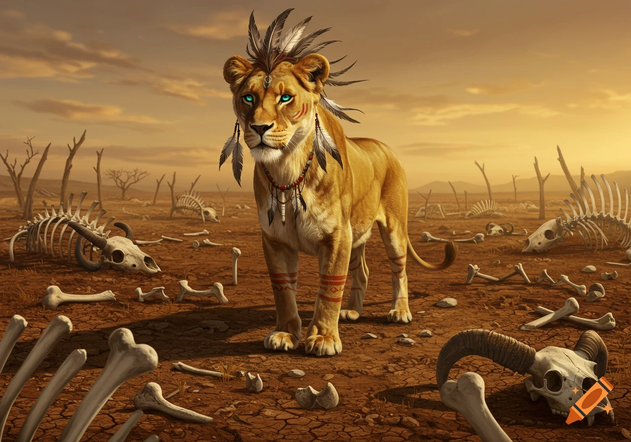 A shaman lioness with feathered adornments and glowing blue eyes stands in a desolate, bone-strewn desert landscape under an orange sky.