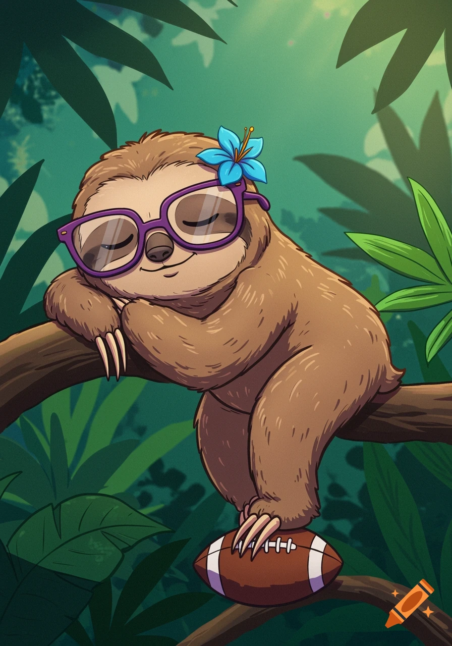 A cute cartoon sloth wearing purple glasses and a blue flower on its head, resting on a tree branch with a football under its foot in a lush green jungle.