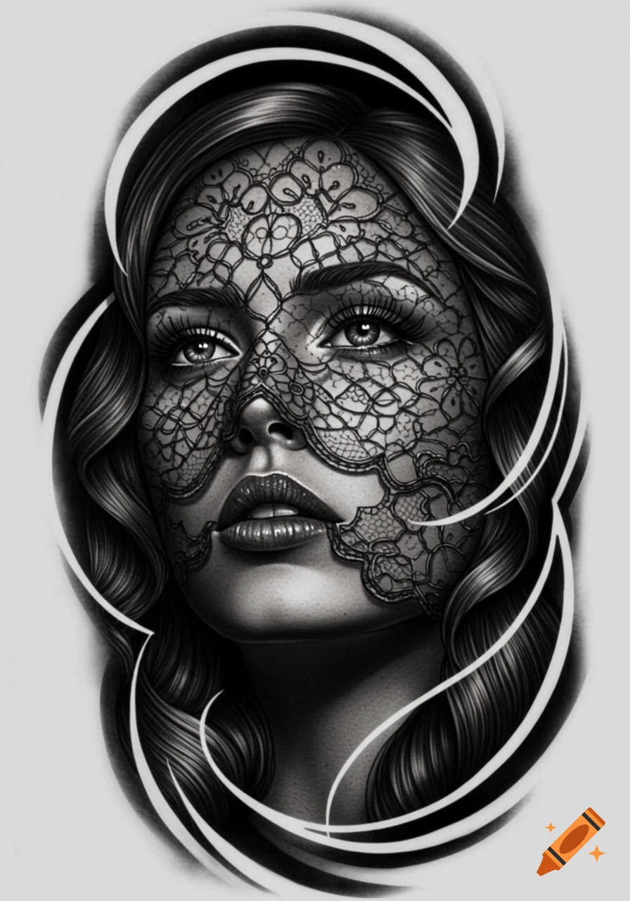 Black and white tattoo-style portrait of a woman with long hair and a lace veil covering her face.