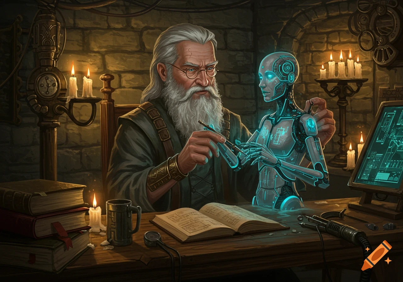 An old man with a white beard works on a glowing robot in a dimly lit, candlelit stone room with books and scientific instruments.