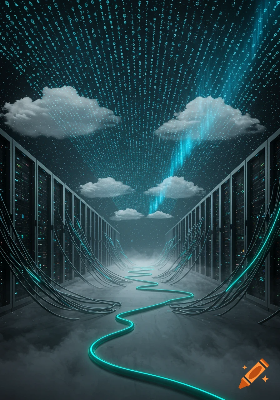 A surreal data center with server racks, glowing cables, clouds, and binary code raining down in an abstract, futuristic style.