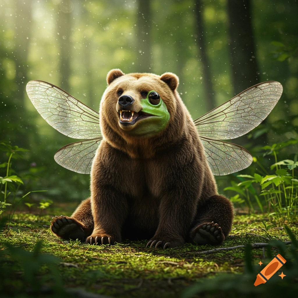 A whimsical photorealistic image of a bear with a green frog face and translucent bee wings sitting in a sun-dappled forest.