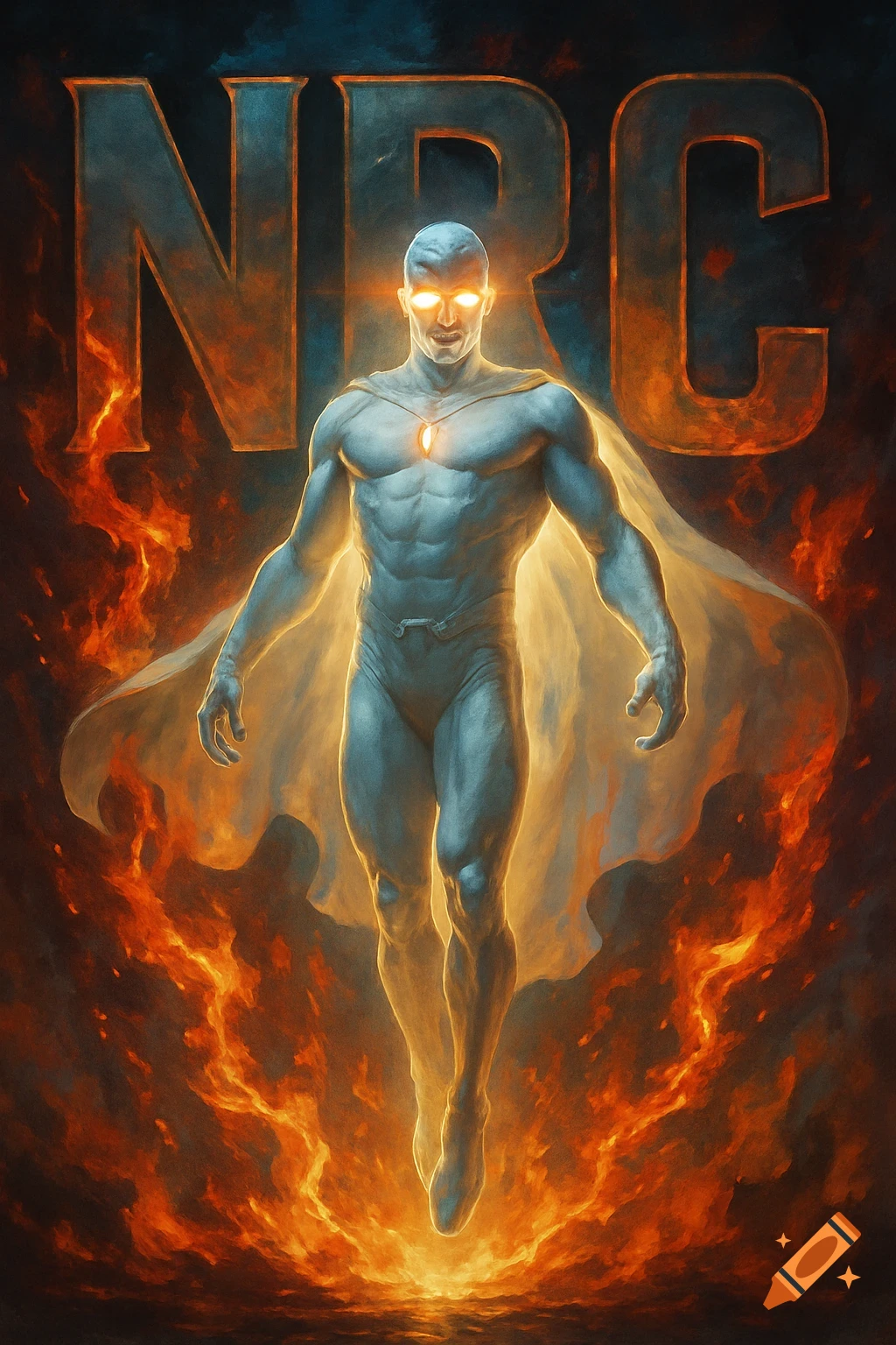 White Vision superhero with glowing eyes and chest floats amidst bright flames, with large NRC letters behind him, in a dynamic comic art style.