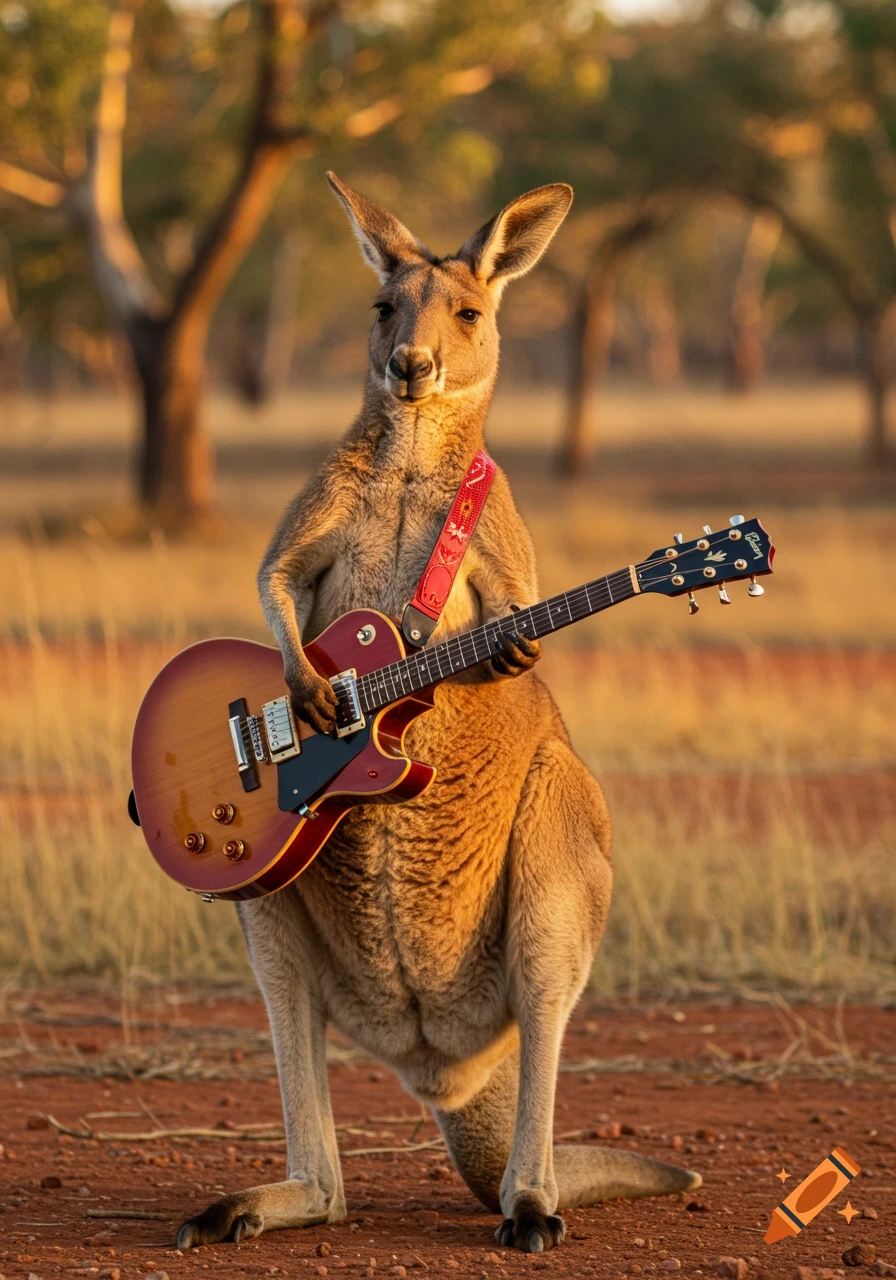 A photorealistic kangaroo standing upright in a dry field, holding and playing an electric guitar.