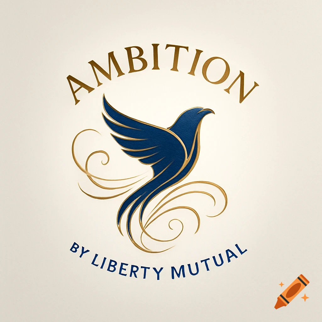 An elegant logo featuring a blue bird with golden outlines and swirls, with the text Ambition by Liberty Mutual.