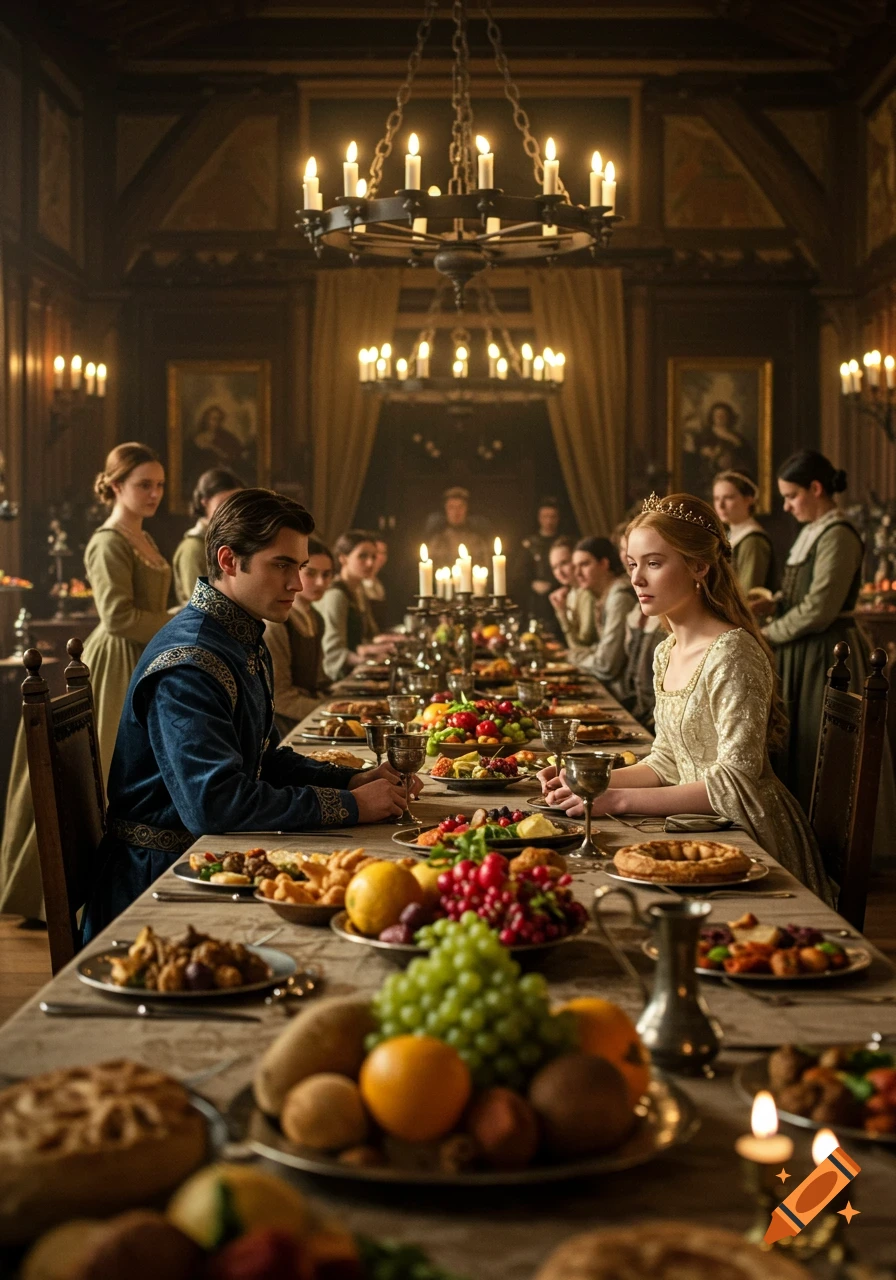 A photorealistic prince and princess at a grand medieval feast, seated at a long table laden with food in a candlelit hall.