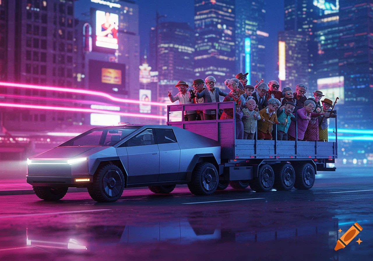 A futuristic Cybertruck pulls a flatbed trailer filled with an angry mob of stylized senior citizens through a neon-lit city at night.