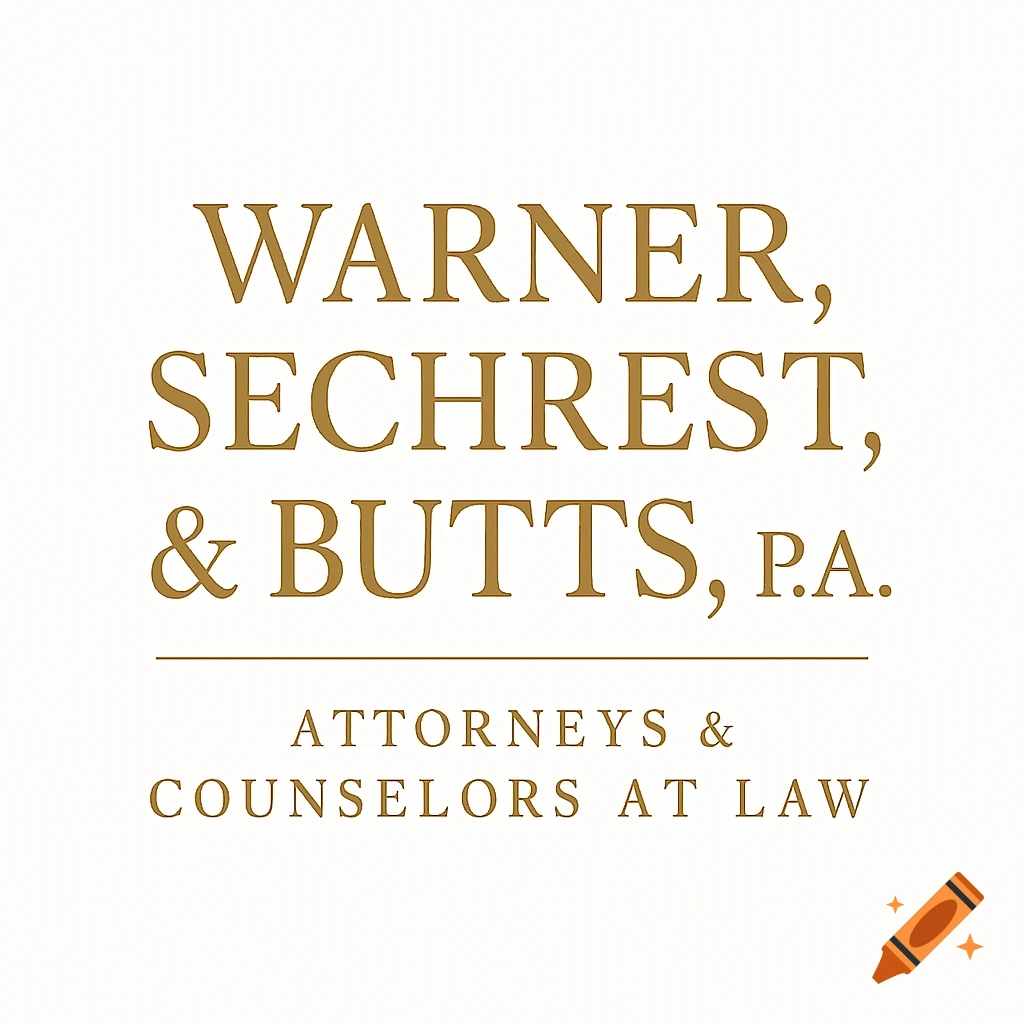A gold and white logo for 'Warner, Sechrest, & Butts, P.A. Attorneys & Counselors At Law' with serif typography.