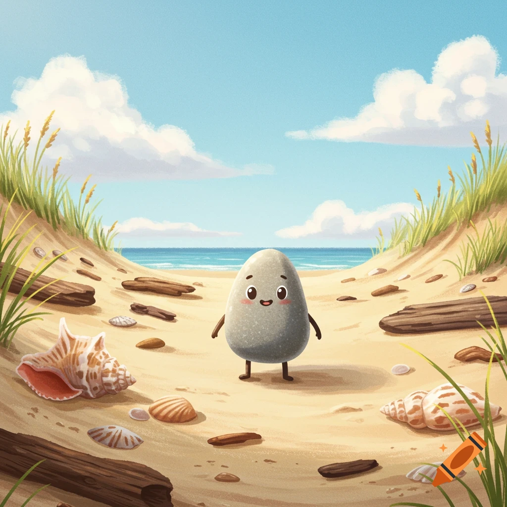 A cute, smiling pebble character with arms and legs stands on a sandy beach with seashells and driftwood, under a blue sky.