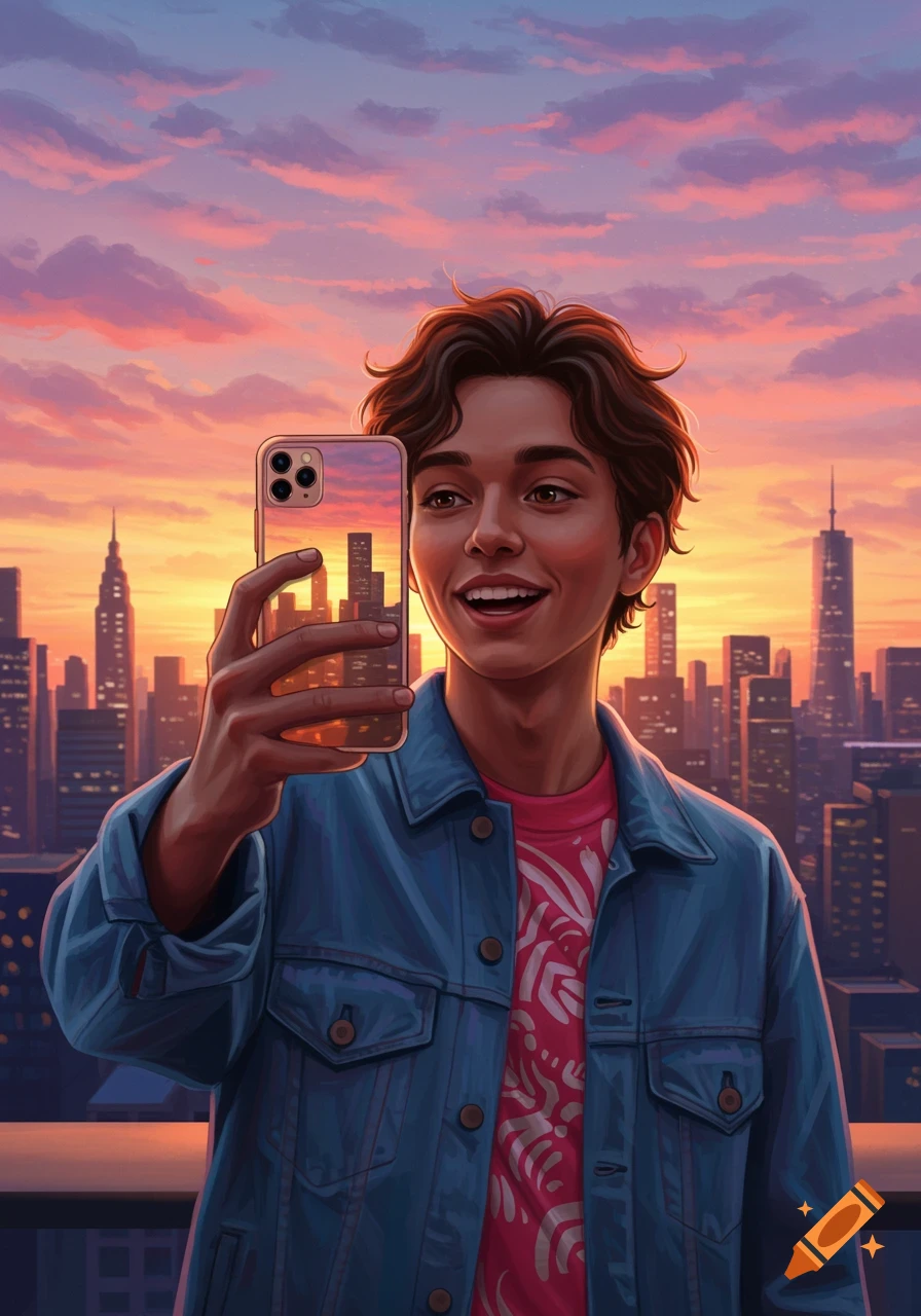 Illustrated young man smiling, taking a selfie with a phone against a vibrant sunset city skyline.