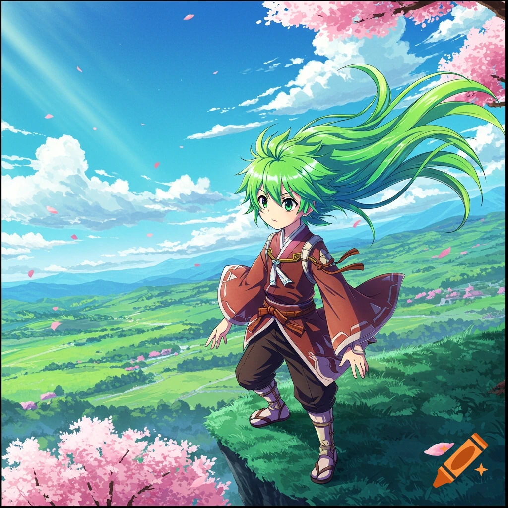 Anime character with green hair on a cliff overlooking a cherry blossom valley under a bright blue sky.