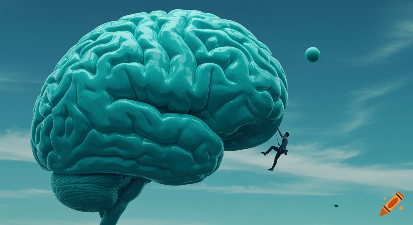 A small rock climber scales the underside of a giant, stylized teal brain against a blue sky with floating spheres.