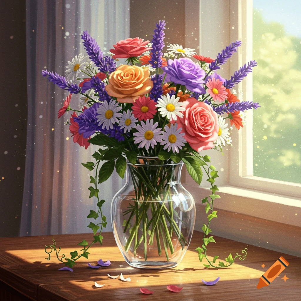 A vibrant bouquet of colorful roses, daisies, and lavender in a glass vase on a wooden table, bathed in sunlight from a window.