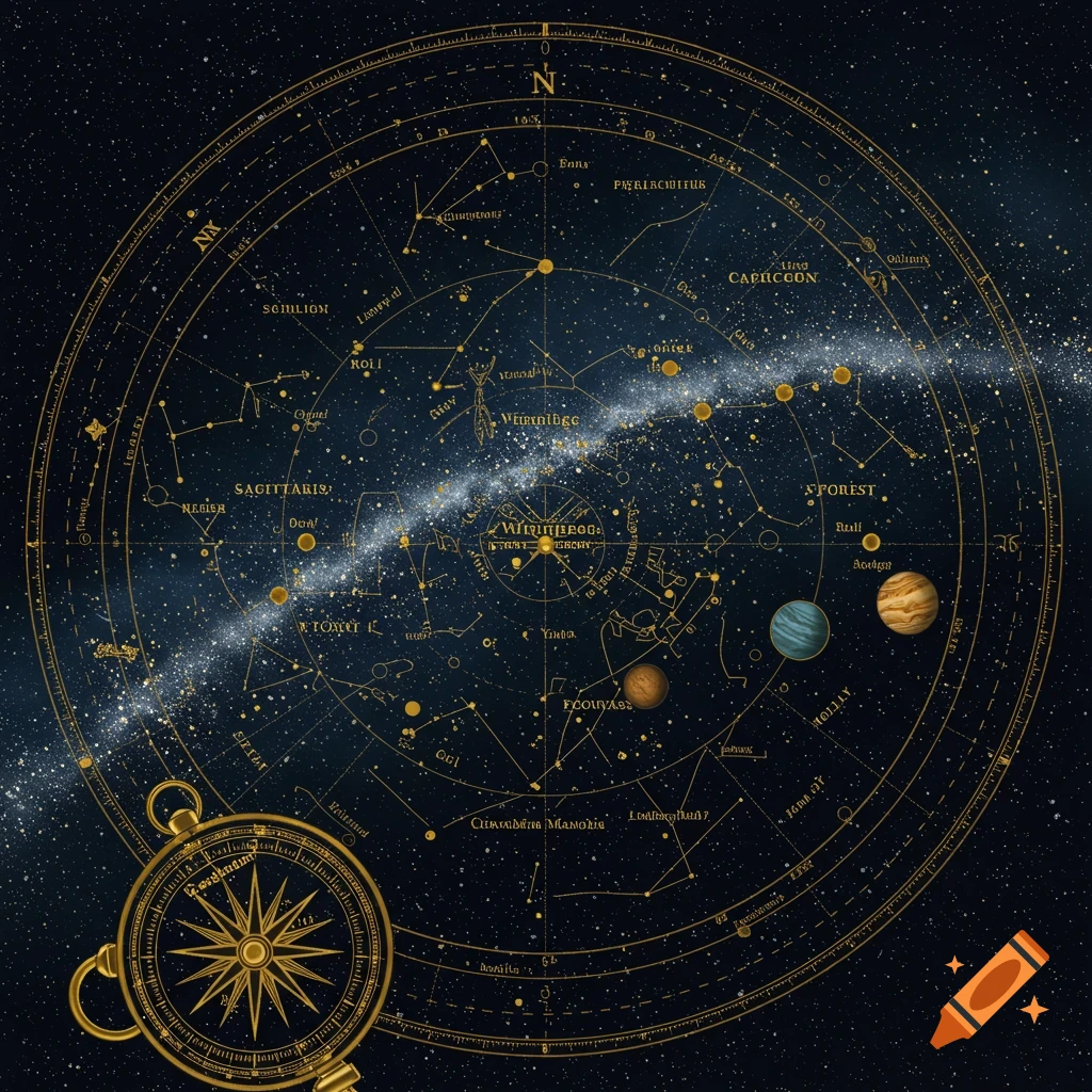 A detailed vintage-style celestial map with golden lines depicting constellations, stars, and planets against a dark blue cosmic background with the Milky Way. A golden compass is in the foreground.