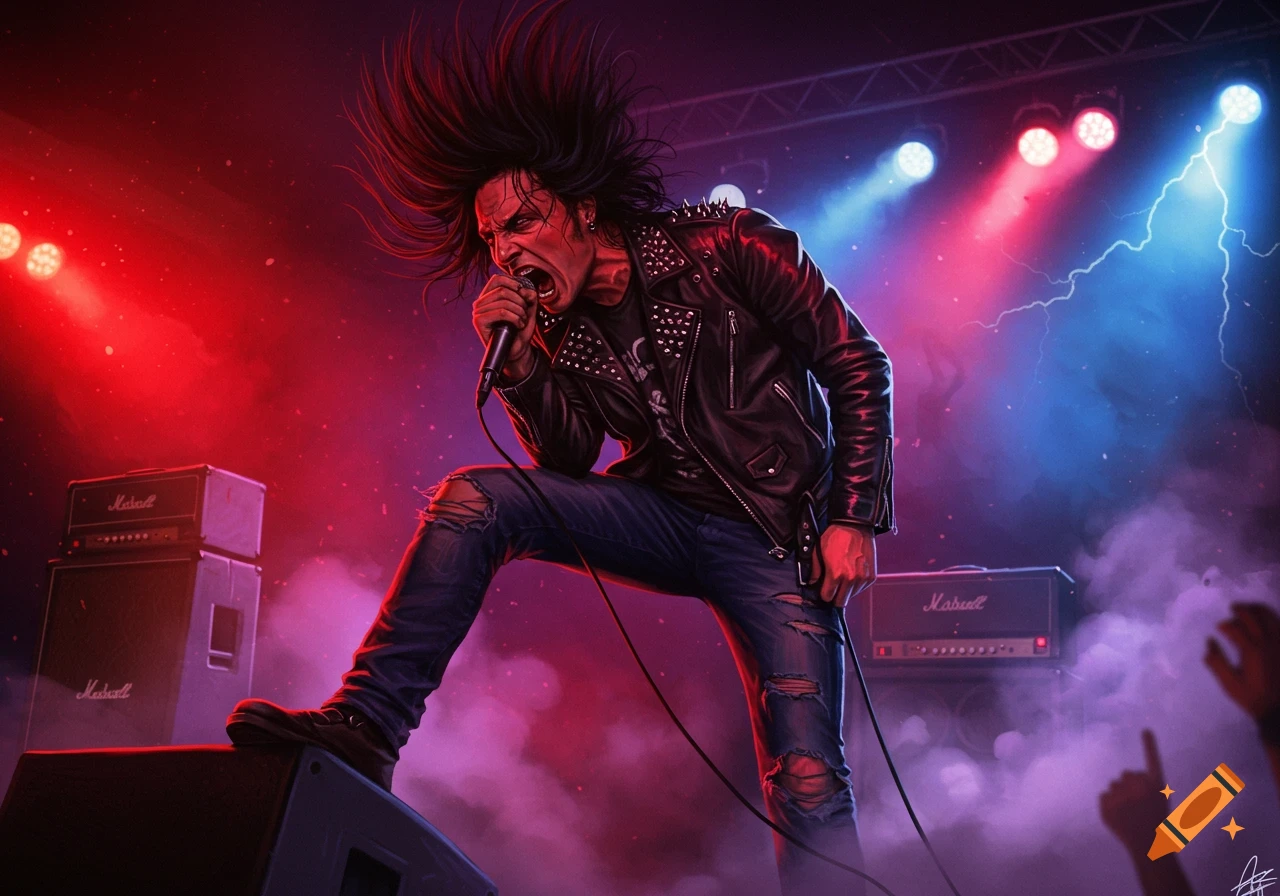 A dynamic illustration of a metal rocker with wild hair and a leather jacket, singing into a microphone on stage under red and blue lights.